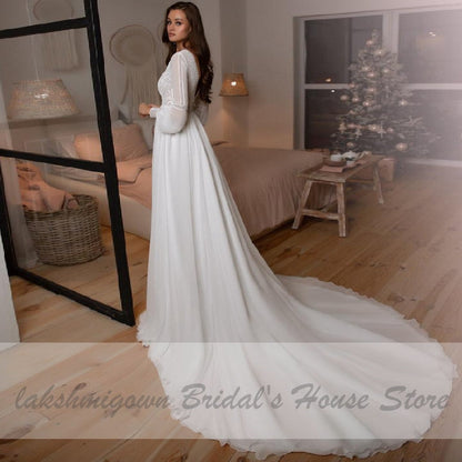 NumberSea Vestidos Boho Bridal Long Sleeve Wedding Dresses A Line 2021 Robe Longue Simple Beach Chiffon Long Wedding Gowns Deep V-neck