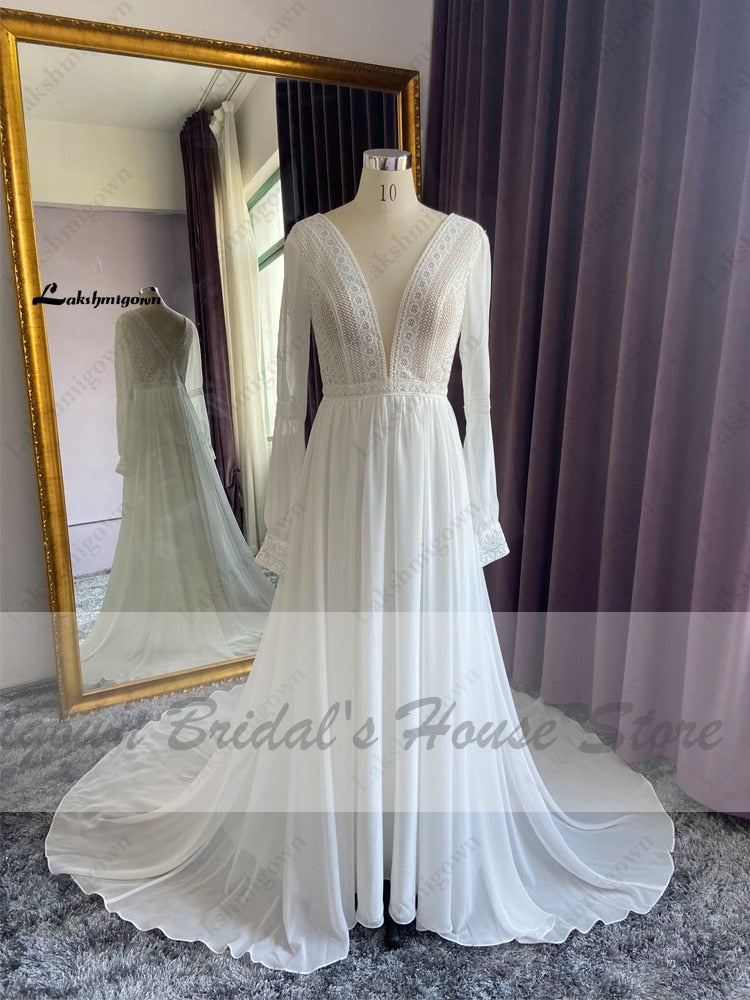 NumberSea Vestidos Boho Bridal Long Sleeve Wedding Dresses A Line 2021 Robe Longue Simple Beach Chiffon Long Wedding Gowns Deep V-neck