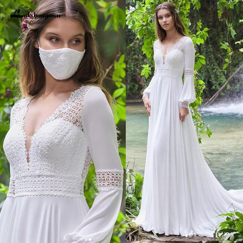 NumberSea Vintage Long Puff Sleeves Wedding Dress Lace And Chiffon A Line Bride Gowns Backless Sexy Boho Bridal Dress 2021 New  Arrival