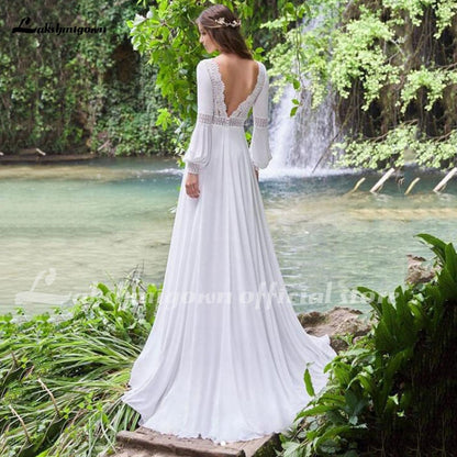 NumberSea Vintage Long Puff Sleeves Wedding Dress Lace And Chiffon A Line Bride Gowns Backless Sexy Boho Bridal Dress 2021 New  Arrival