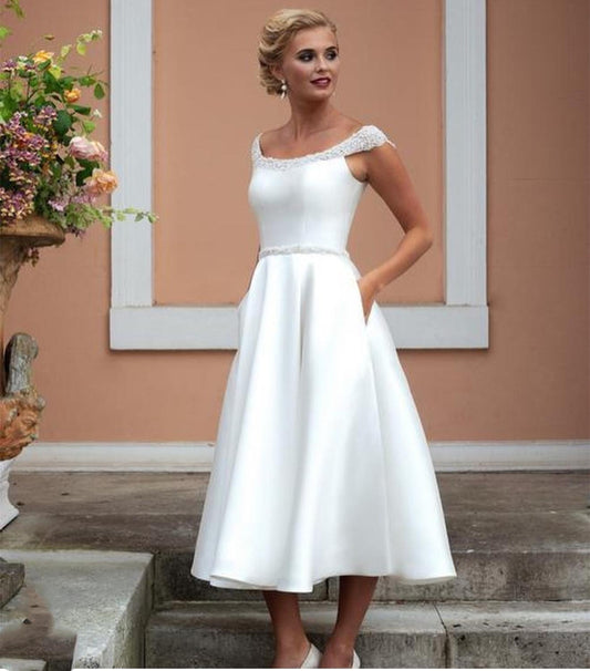 NumberSea Short Wedding Dresses Satin Knee  Length With Crystal Beading Bridal Gowns With Pocket Elegant Simple Scalloped Cap Sleeve 2021