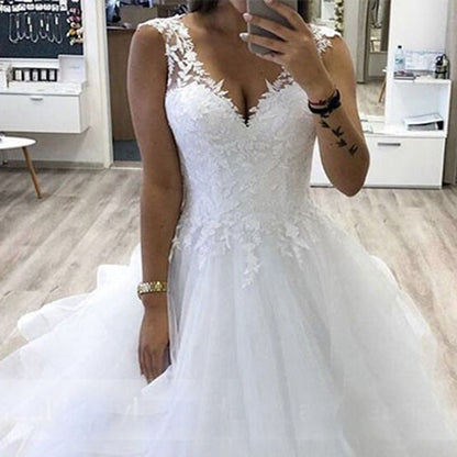 NumberSea V-neck Princess Ball Gown Wedding Dress With Tiered Tulle Skirt White Customize Bride Dress Winter Bridal Gowns