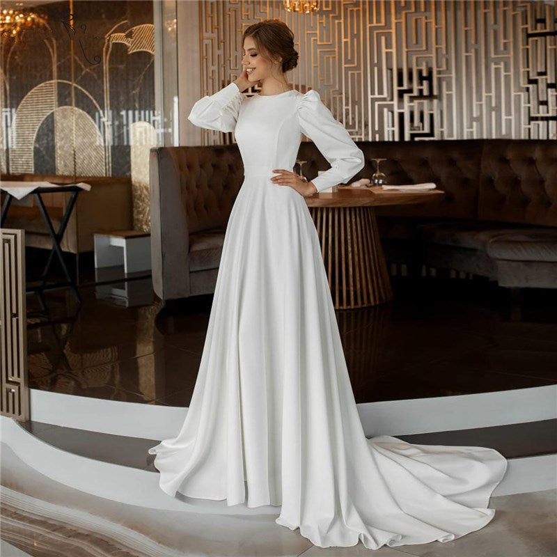 NumberSea Vestido De Noiva Simple Soft Satin Wedding Dresses Long Sleeve Muslim Bridal Gowns Dubai Back Button Plus Size A-Line Bride Dres