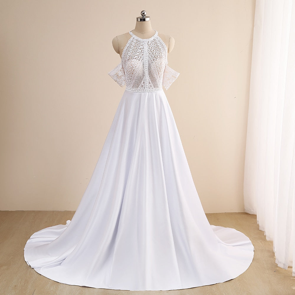 NumberSea Simple A-Line Wedding Dresses Sexy Illusion O Neck Off Shoulder Button Cut-Out Lace Appliqued New 2021 Long Bridal Gowns Custom