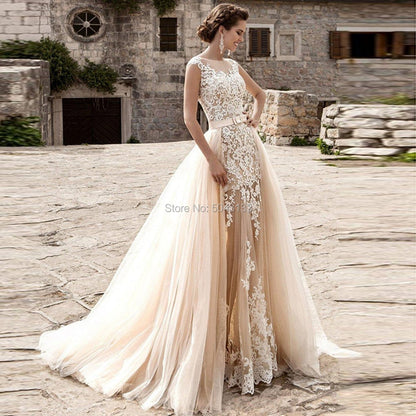 NumberSea Sexy Two Piece Mermaid Wedding Dresses 2021 Champagne with Detachable Skirt Romantic Ivory Lace Applique Bridal Gowns