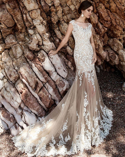 NumberSea Sexy Two Piece Mermaid Wedding Dresses 2021 Champagne with Detachable Skirt Romantic Ivory Lace Applique Bridal Gowns