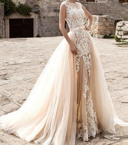 NumberSea Sexy Two Piece Mermaid Wedding Dresses 2021 Champagne with Detachable Skirt Romantic Ivory Lace Applique Bridal Gowns