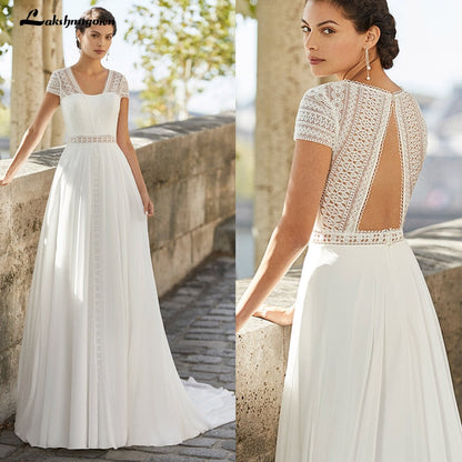 NumberSea Einfache Kappe Kurzarm Strand Hochzeit Kleid Spitze Mieder 2021 Robe Longue boho Chiffon Lange Hochzeit Kleider Robe de mariee