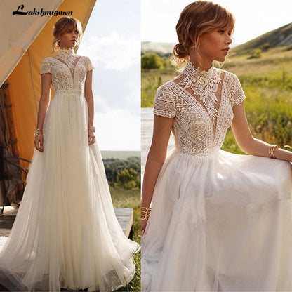 NumberSea Vintage Boho Wedding Dress Lace Tulle High Neck Cap Sleeves A Line Bohemian Bridal Gowns 2021 Ivory ELegant Bride Dress