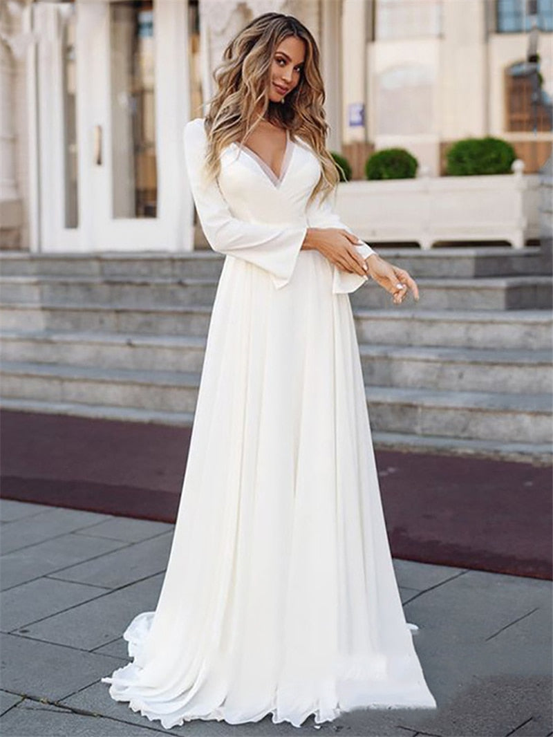 NumberSea Simple Long Sleeve Wedding Dress 2021 Boho V-Neck Bridal Gown Sashes Long Bride Dresses Vintage Bohemian Appliqued Back