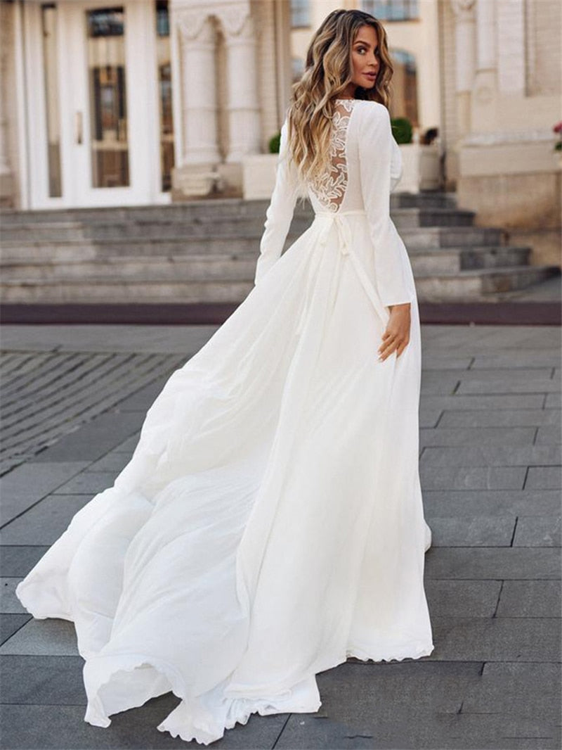 NumberSea Simple Long Sleeve Wedding Dress 2021 Boho V-Neck Bridal Gown Sashes Long Bride Dresses Vintage Bohemian Appliqued Back