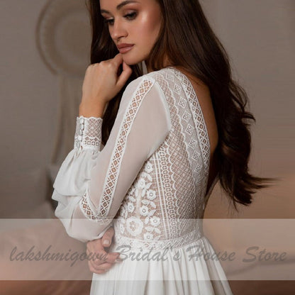 NumberSea Vestidos Boho Bridal Long Sleeve Wedding Dresses A Line 2021 Robe Longue Simple Beach Chiffon Long Wedding Gowns Deep V-neck