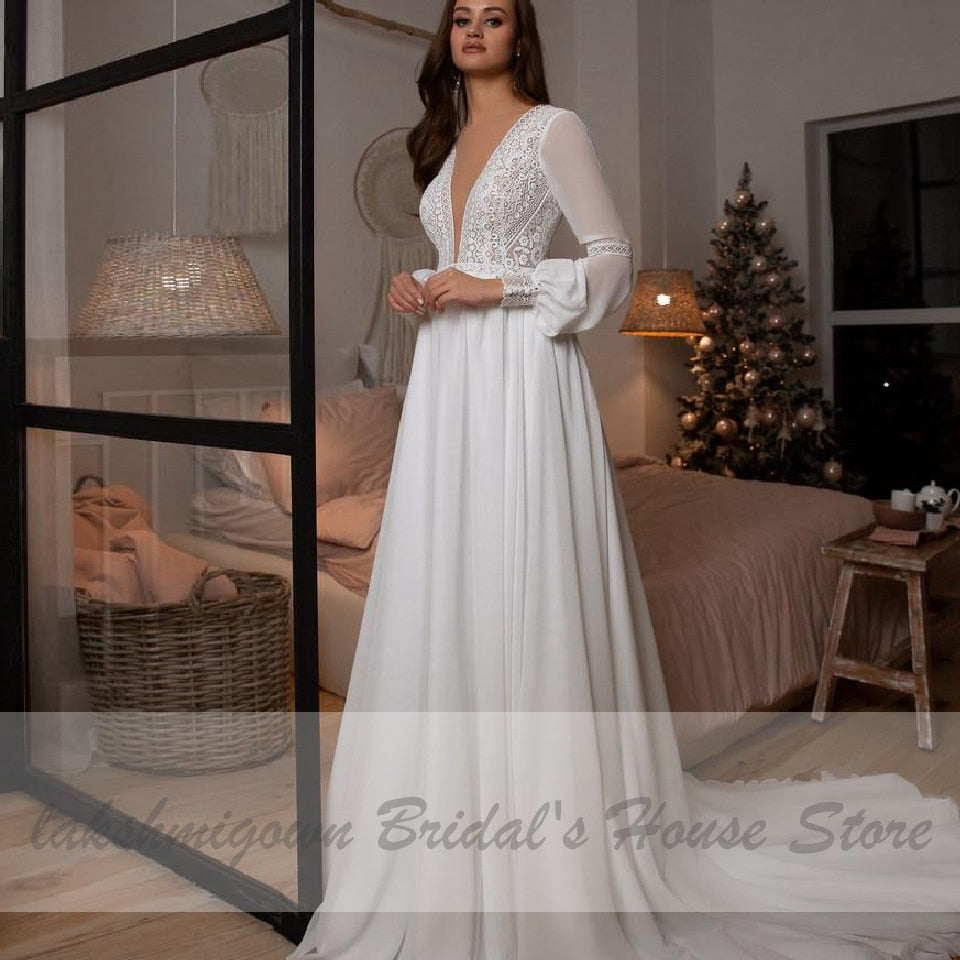 NumberSea Vestidos Boho Bridal Long Sleeve Wedding Dresses A Line 2021 Robe Longue Simple Beach Chiffon Long Wedding Gowns Deep V-neck