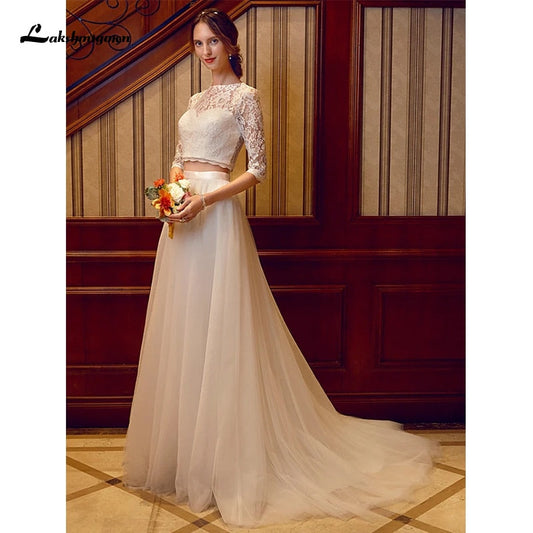 NumberSea Two Piece Wedding Dresses Jewel Neck Court Train Tulle Over Lace Corded Lace Half Sleeve Illusion Sleeve with Sashes/Ribbons