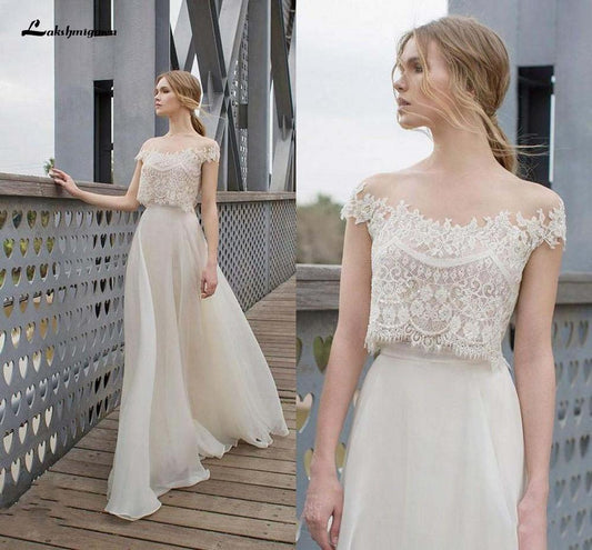 NumberSea Two Piece BOHO Wedding Dresses Lace Appliques Bodice Illusion Neckline Chiffon A Line Romantic Bohemian Bridal Dresses Summer