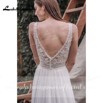 NumberSea robe soirée mariage Boho Tiefem V-ausschnitt Ärmel Sexy Spitze Chiffon Hohe Split Brautkleider Strand vestido de novia sin espalda 2021