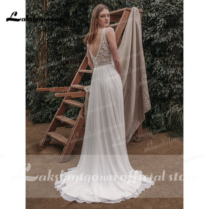 NumberSea robe soirée mariage Boho Tiefem V-ausschnitt Ärmel Sexy Spitze Chiffon Hohe Split Brautkleider Strand vestido de novia sin espalda 2021