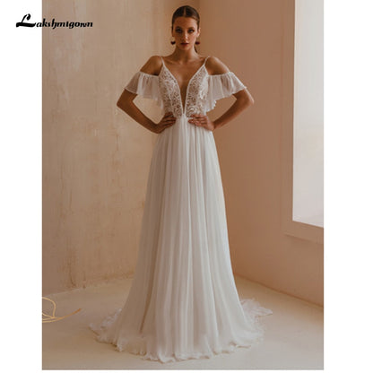 NumberSea Spaghetti Straps Boho Bridal Dress A Line Chiffon Wedding Dresses 2021 V-neck Cap Short Sleeves Sukienki Damskie Lakshmigown