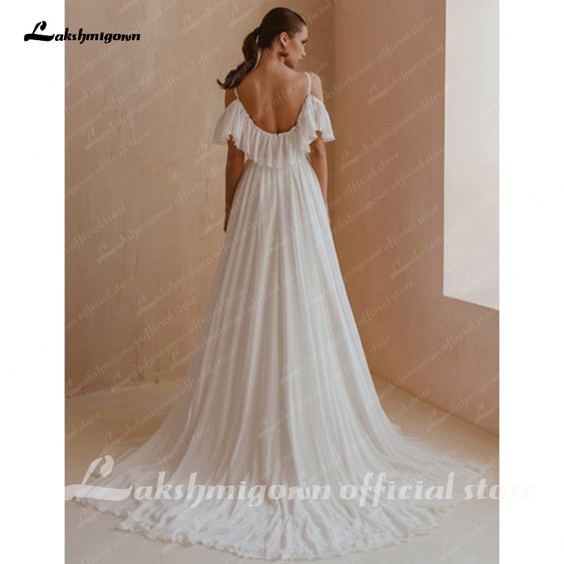 NumberSea Spaghetti Straps Boho Bridal Dress A Line Chiffon Wedding Dresses 2021 V-neck Cap Short Sleeves Sukienki Damskie Lakshmigown