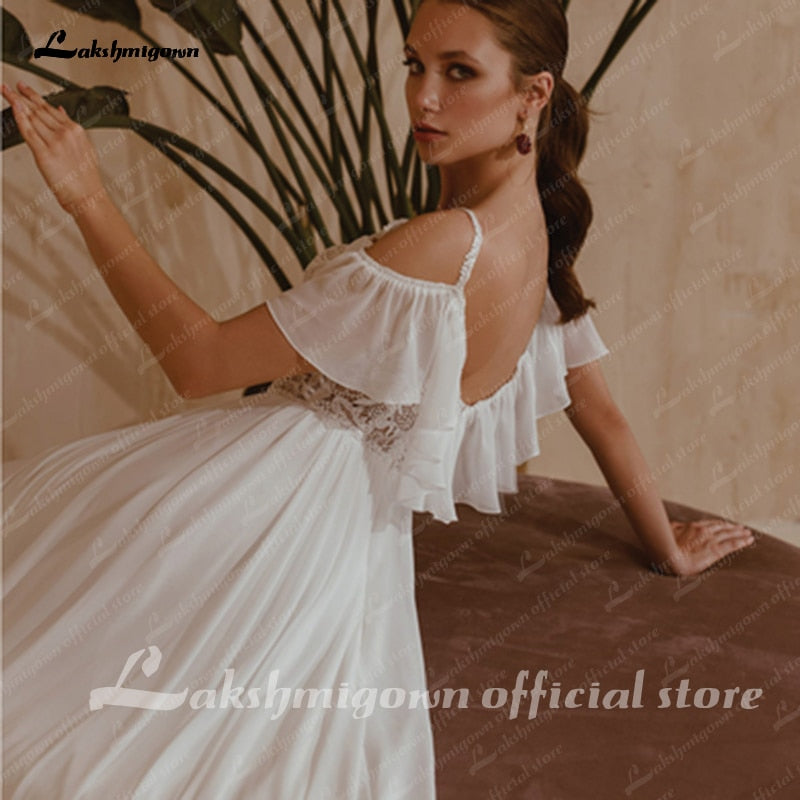 NumberSea Spaghetti Straps Boho Bridal Dress A Line Chiffon Wedding Dresses 2021 V-neck Cap Short Sleeves Sukienki Damskie Lakshmigown