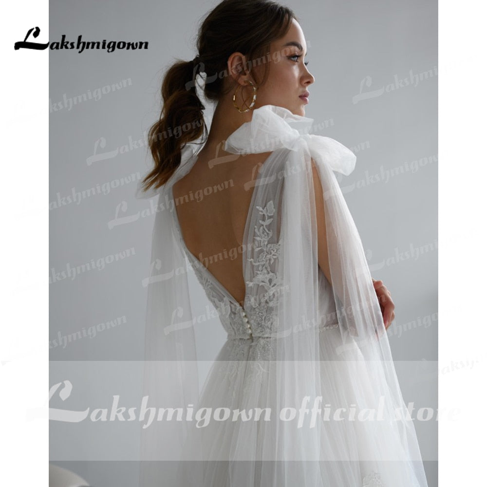 NumberSea vestido de novia 2021 Lace Tulle Backless V Neck Bow Wedding Dresses Elegant V Shape Back robe de soirée de mariage Lakshmigown