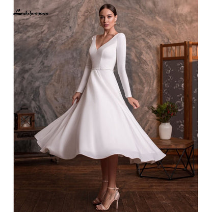 NumberSea vestido de novia corto 2021 Kurze Tee Länge Einfache Langarm V-ausschnitt Hochzeit Kleider Mit Tasten Backless 2021 robe mariage