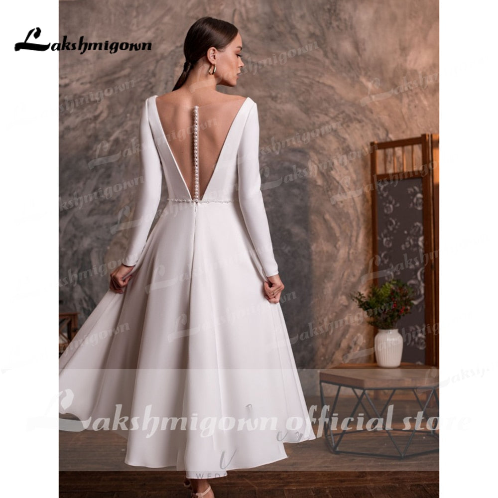 NumberSea vestido de novia corto 2021 Kurze Tee Länge Einfache Langarm V-ausschnitt Hochzeit Kleider Mit Tasten Backless 2021 robe mariage