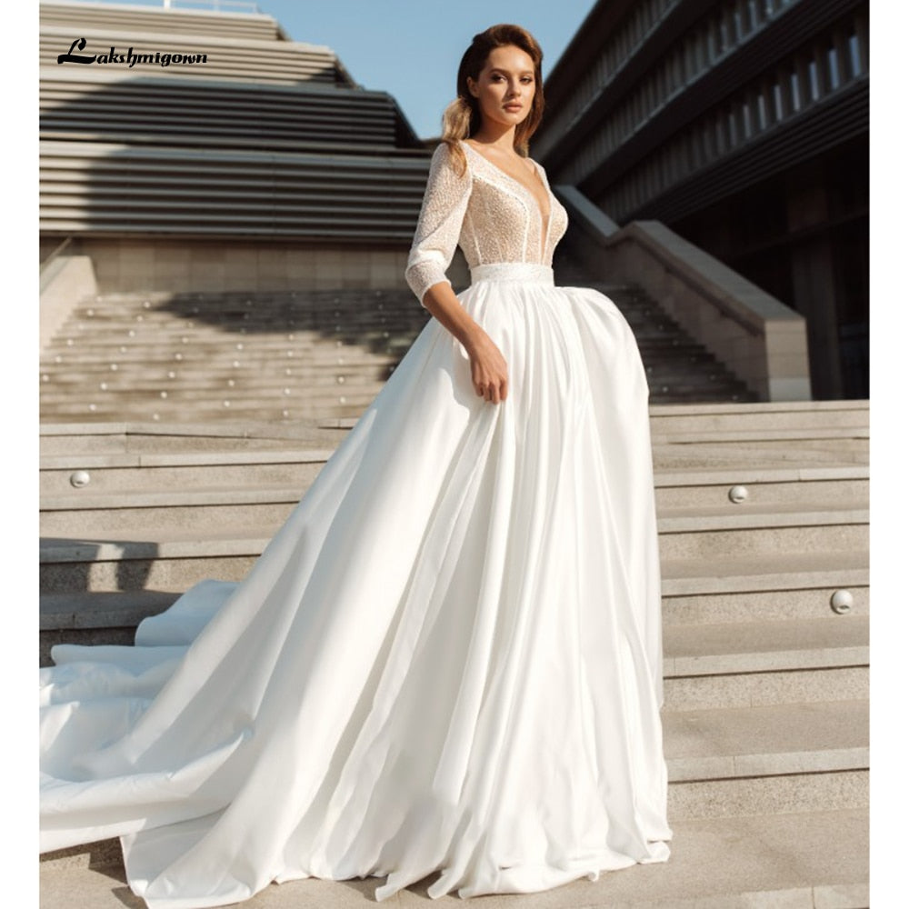 NumberSea sukienka na wesele Satin Deep V Neck Three Quarter Sleeve Wedding Dresses Elegant vestido de noiva princesa luxuoso Lakshmigown