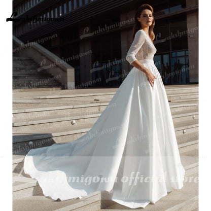 NumberSea sukienka na wesele Satin Deep V Neck Three Quarter Sleeve Wedding Dresses Elegant vestido de noiva princesa luxuoso Lakshmigown