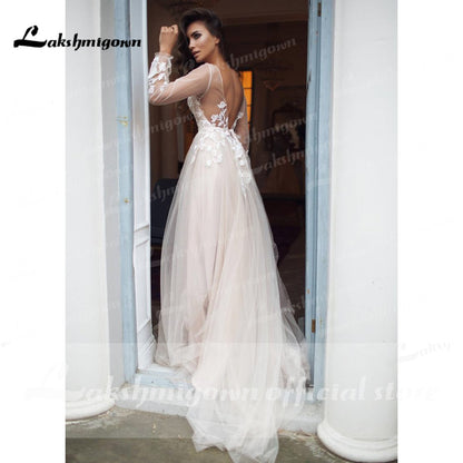 NumberSea robede mariage 2021 Beach Elegant long Sleeve Lace Tulle Backless Wedding Dresses With Belt A Line vestido de casamento simples