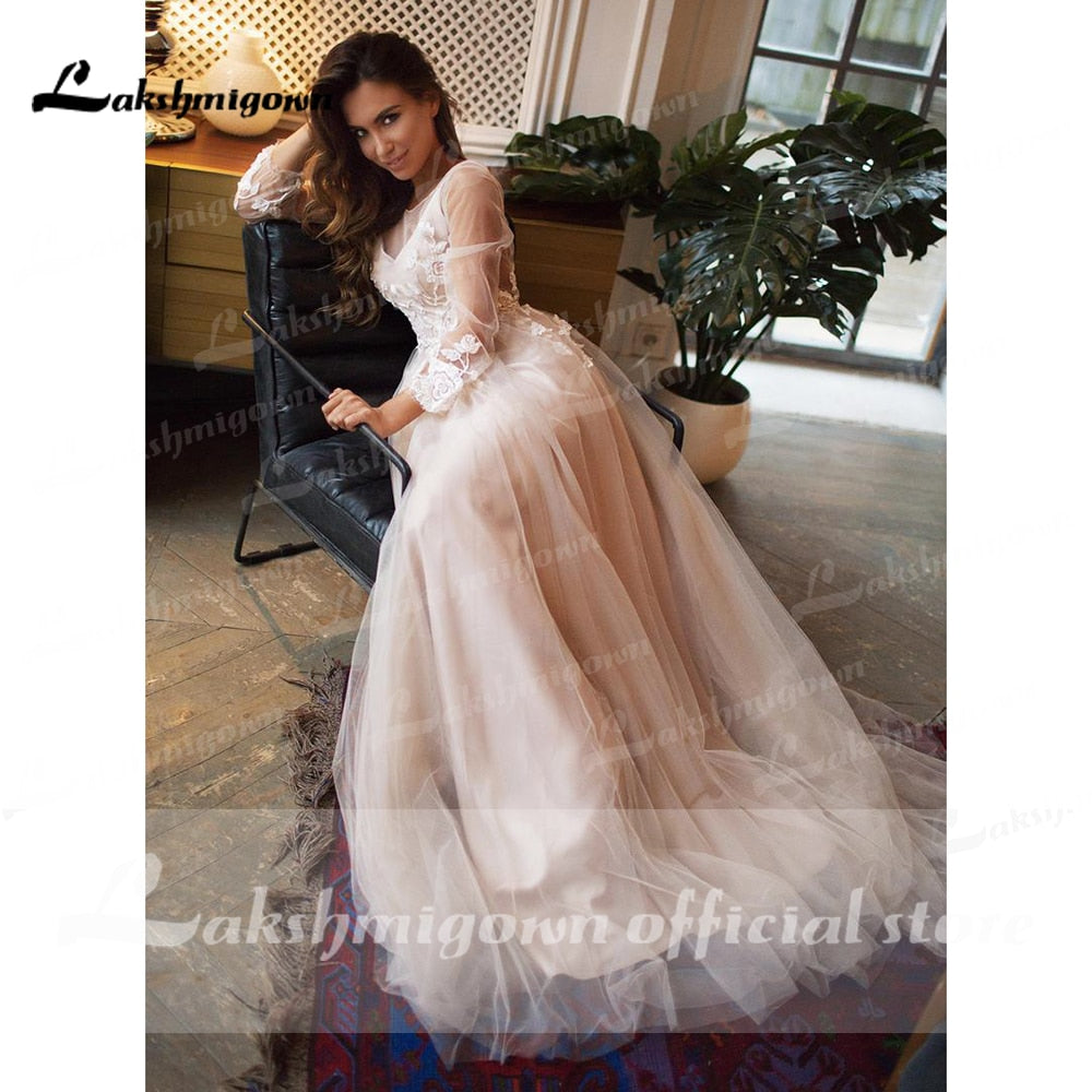 NumberSea robede mariage 2021 Strand Elegante langarm Spitze Tüll Rückenfreies Brautkleider Mit Gürtel EINE Linie vestido de casamento simples