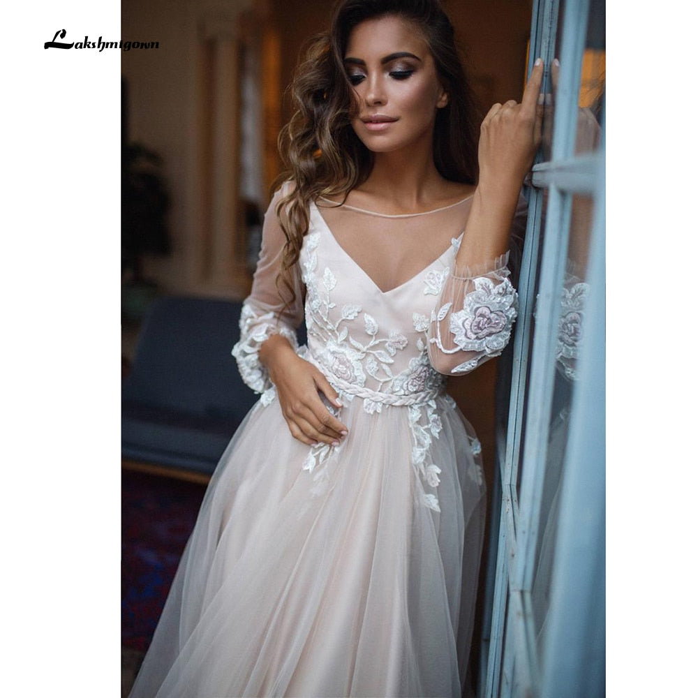 NumberSea robede mariage 2021 Strand Elegante langarm Spitze Tüll Rückenfreies Brautkleider Mit Gürtel EINE Linie vestido de casamento simples