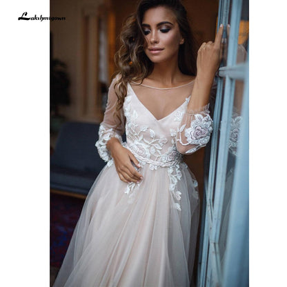 NumberSea robede mariage 2021 Beach Elegant long Sleeve Lace Tulle Backless Wedding Dresses With Belt A Line vestido de casamento simples