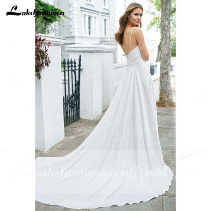 NumberSea Simple Spaghetti Straps Off the Shoulder Satin Pleats Wedding Dresses With Back Buttons V Neck Backless Beach robe de mariée