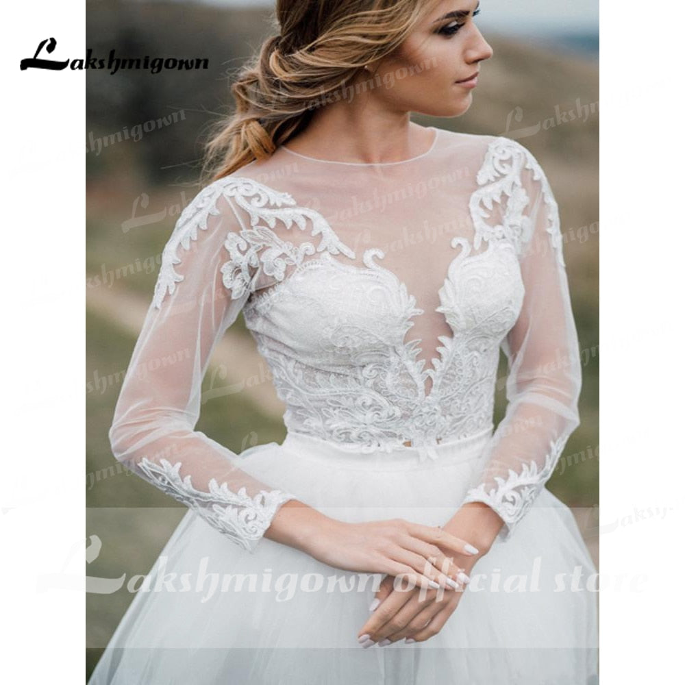 NumberSea Trouwjurk Two Pieces Lace Tulle Long Sleeve Boho Wedding Dresses Bohemian Beach Bridal Gown sukienka na wesele 2021 Lakshmigown