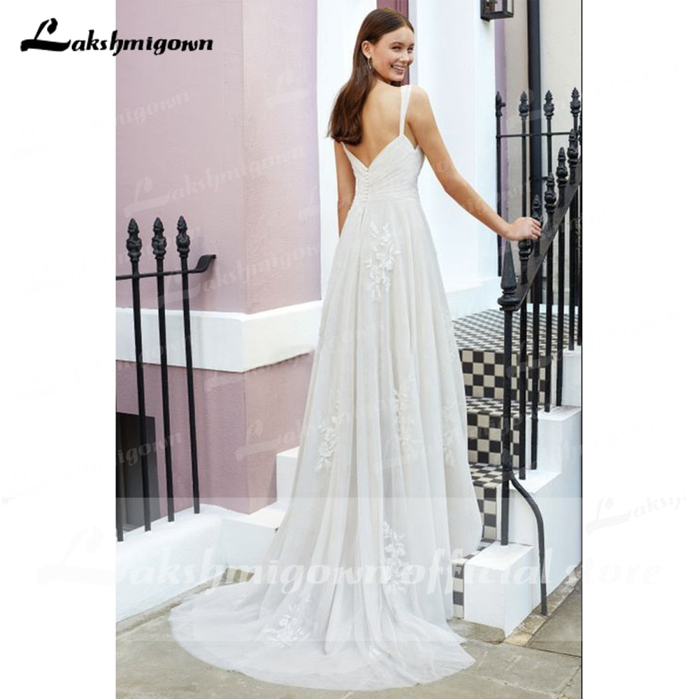 NumberSea vestido noiva 2021 Pleats Lace Spaghetti Straps Off the Shoulder Boho Wedding Dresses Backless Elegant trajes de novias largos