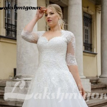 NumberSea Übergrößen-Hochzeitskleid mit halblangen Ärmeln, maßgefertigt mit Spitzenapplikationen und Schnürung am Rücken, Brautkleid für große Frauen