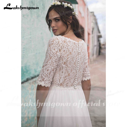 NumberSea Simple half sleeves lace Wedding Dress ivory Beach Bohemian Bridal Gowns Lace Backless Vestidos Boda Boho Style Robe de mariee