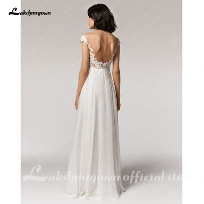 NumberSea Simple Beach Wedding Dress cap sleeves 2021 Robe Longue Femme  Sexy Bohemian Bridal Dress Backless