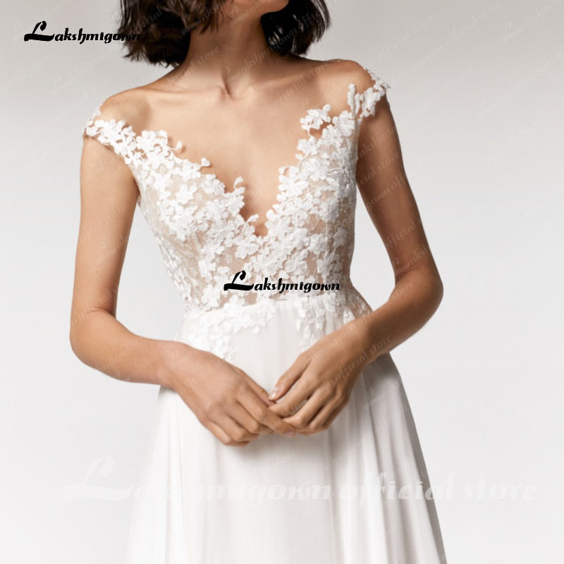 NumberSea Simple Beach Wedding Dress cap sleeves 2021 Robe Longue Femme  Sexy Bohemian Bridal Dress Backless