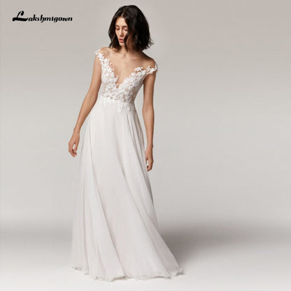 NumberSea Simple Beach Wedding Dress cap sleeves 2021 Robe Longue Femme  Sexy Bohemian Bridal Dress Backless