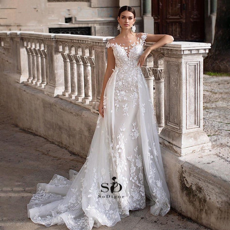 NumberSea Wedding Dress 2021 Short Sleeves Appliques Mermaid Bridal Dress With Detachable Train Over skirt Lace Wedding Gowns