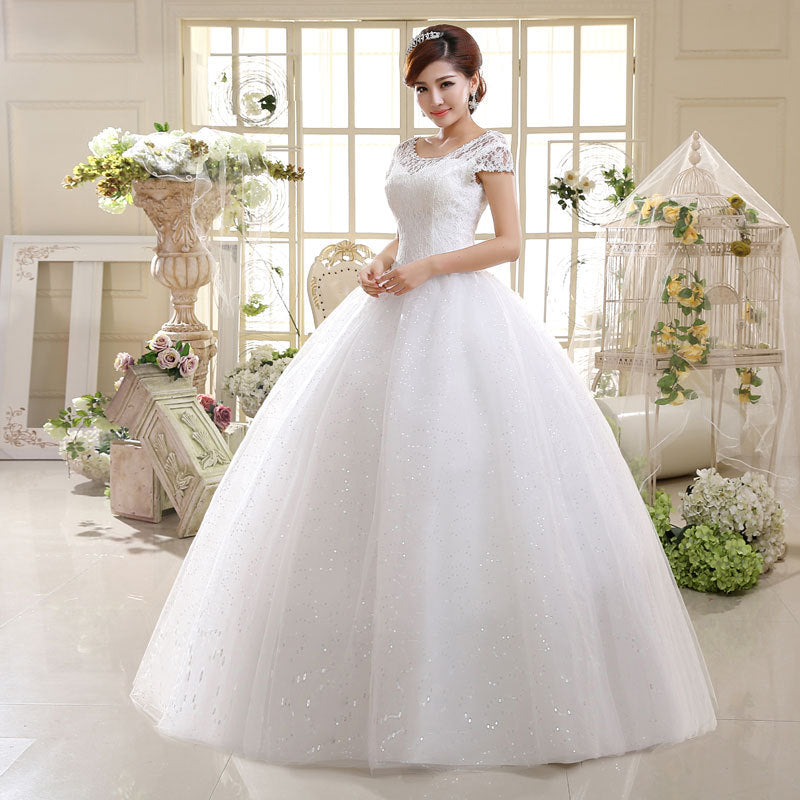 NumberSea White Short Sleeves Wedding Dress Simple O-Neck Embroidery Floor-Length Backless Lace Up Plus Size Wedding Gowns For Women G111