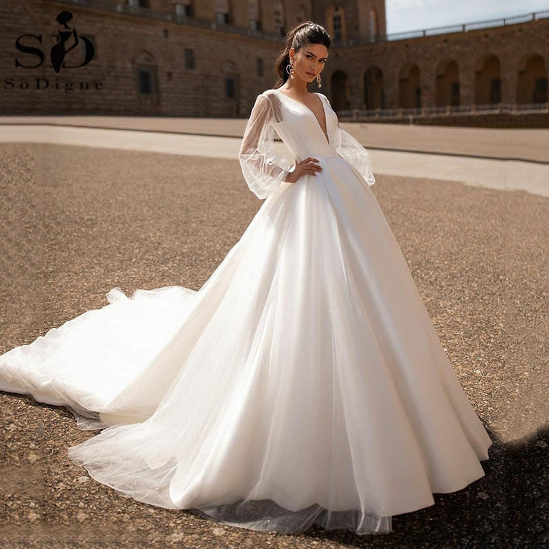 NumberSea Simple Wedding Dresses Sexy V Neck Removable Long Sleeves Vintage Satin Wedding Gowns Backless Beach Bridal Dress