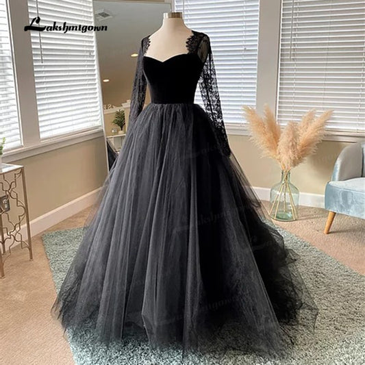 NumberSea Simple Gothic Black Wedding Dresses 2021 Long Sleeves Boho A-line Bridal Dress Vintage Sweetheart Wedding Gowns vestido de novia