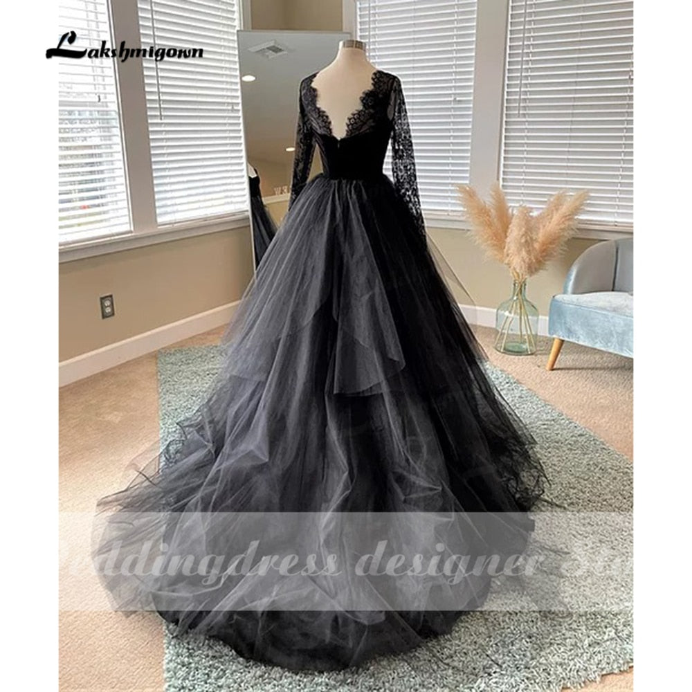 NumberSea Simple Gothic Black Wedding Dresses 2021 Long Sleeves Boho A-line Bridal Dress Vintage Sweetheart Wedding Gowns vestido de novia