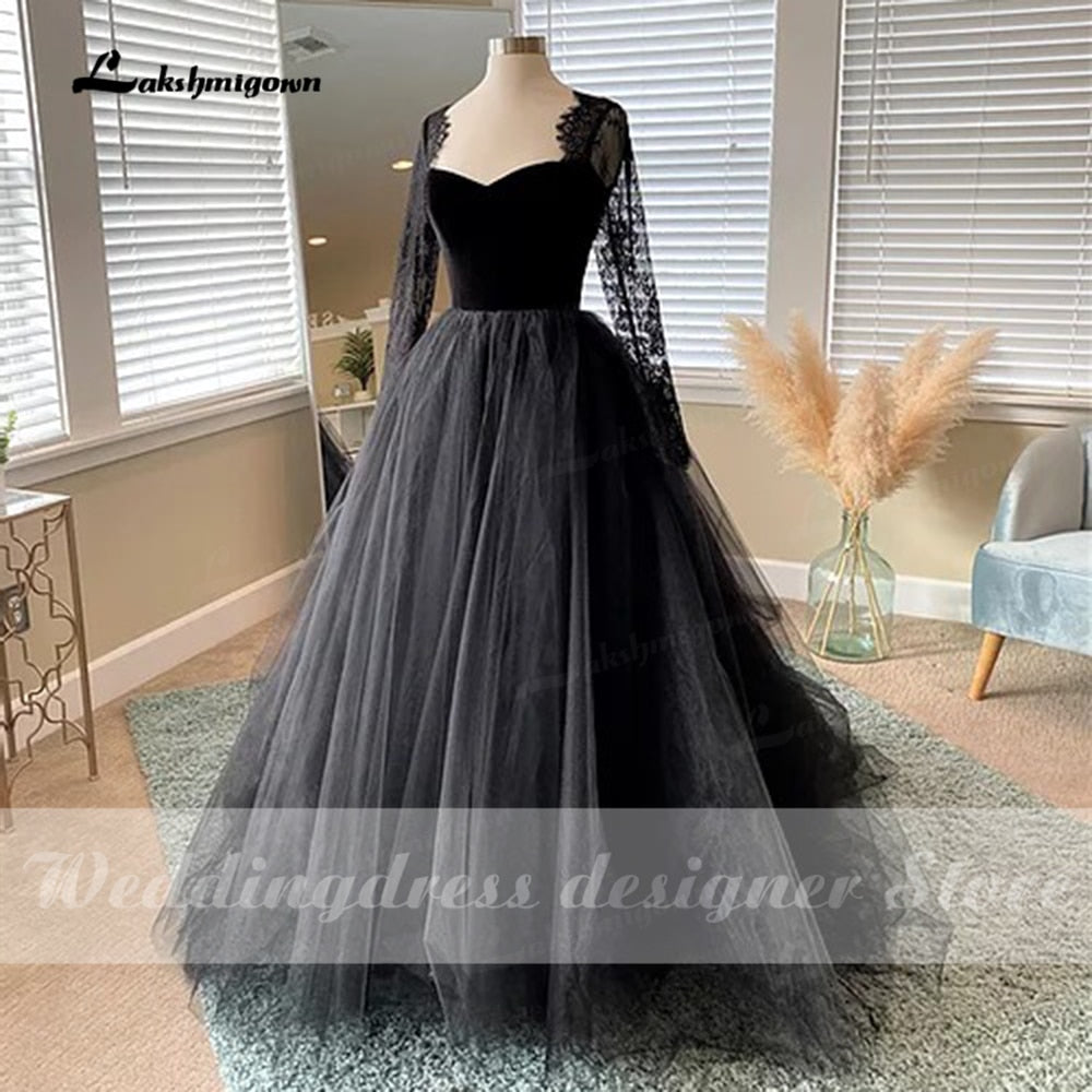 NumberSea Simple Gothic Black Wedding Dresses 2021 Long Sleeves Boho A-line Bridal Dress Vintage Sweetheart Wedding Gowns vestido de novia