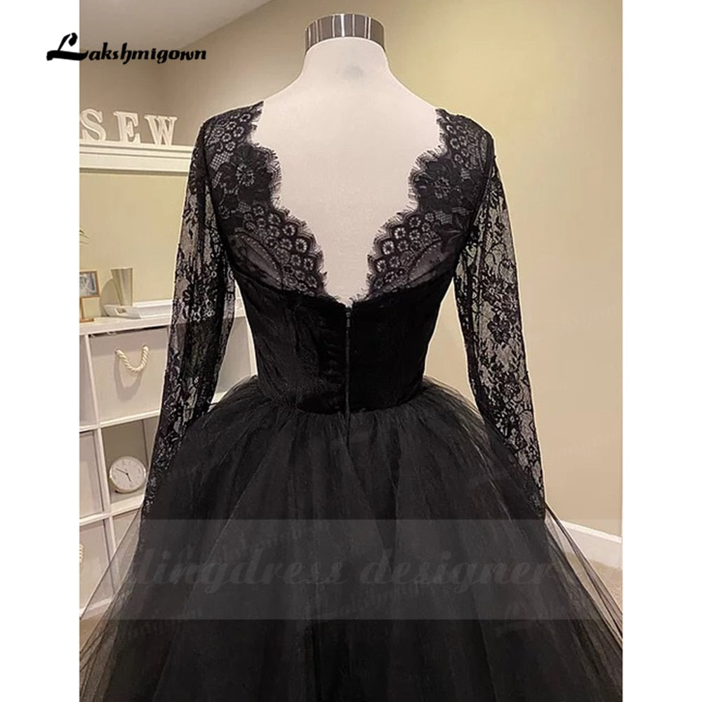 NumberSea Simple Gothic Black Wedding Dresses 2021 Long Sleeves Boho A-line Bridal Dress Vintage Sweetheart Wedding Gowns vestido de novia