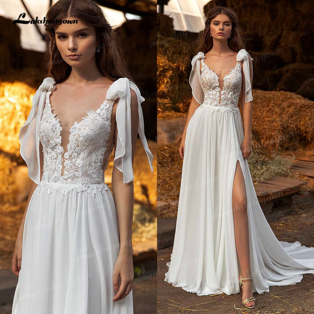 NumberSea Sexy Side Slit Boho Wedding Dresses Sweep Train Charming Beach Chiffon A Line Lace Bridal Gowns V Neck vestido de novia 2021