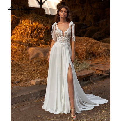 NumberSea Sexy Side Slit Boho Wedding Dresses Sweep Train Charming Beach Chiffon A Line Lace Bridal Gowns V Neck vestido de novia 2021